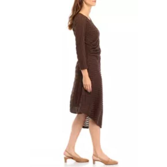 Signature Robbie Bee Long Sleeve Asymmetric Ruched Knit Midi A-Line Dress Brown - Picture 3 of 6